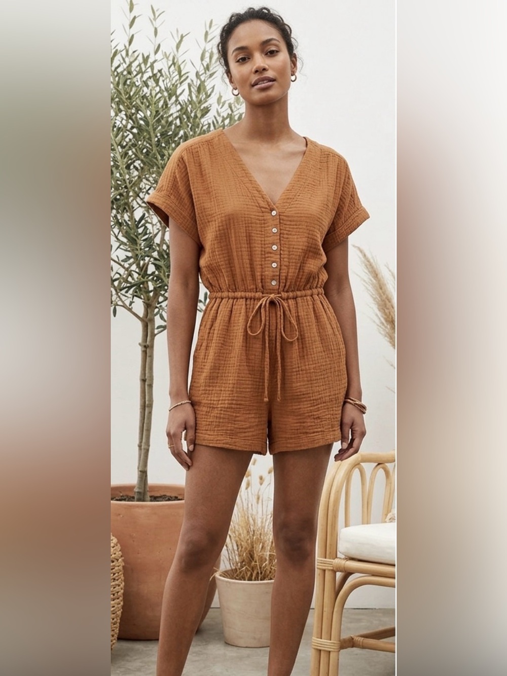Madewell Lightestspun Double Cotton Gauze Drawstring Romper Cinnamon S